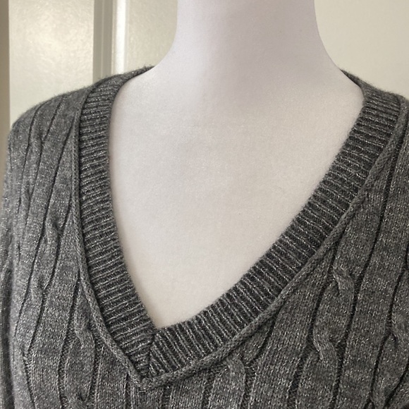 LOFT Medium sweater gray c-neck metallic threads cable - Picture 3 of 11